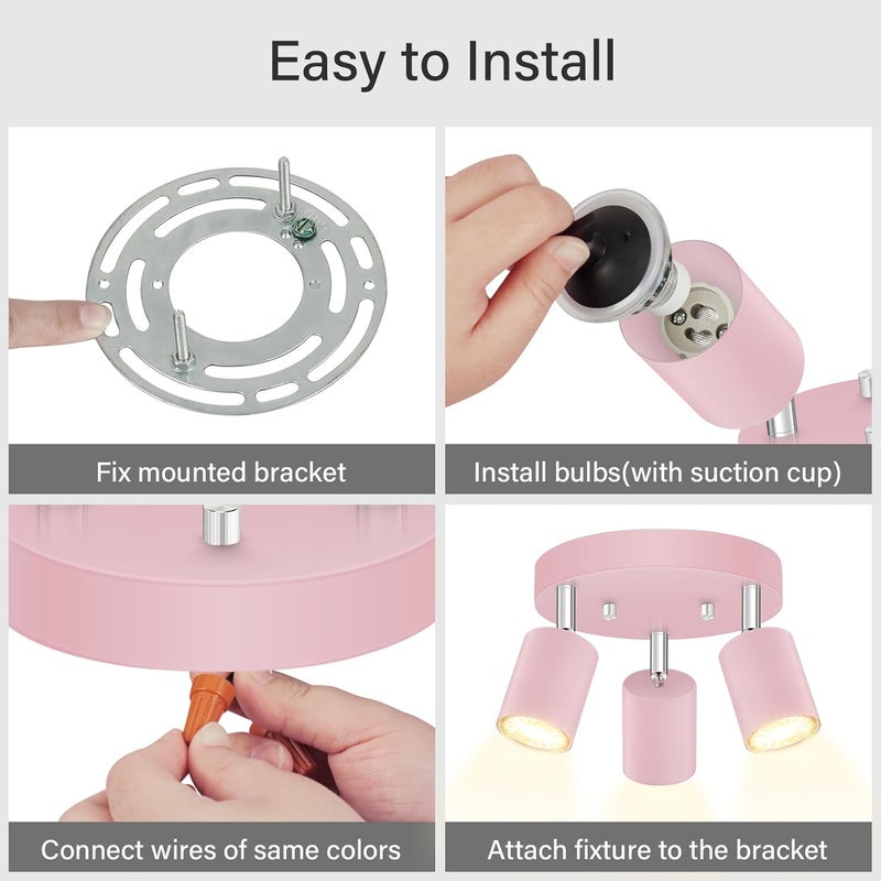 BoostArea LED 3 Light Track Lighting Kit, LED Track Lighting Fixtures, Pink Round Ceiling Spot Lighting, Flexibly Rotatable Light Head for Kitchen, Living Room, Bedroom, GU10 Bulb Not Included - Image 5